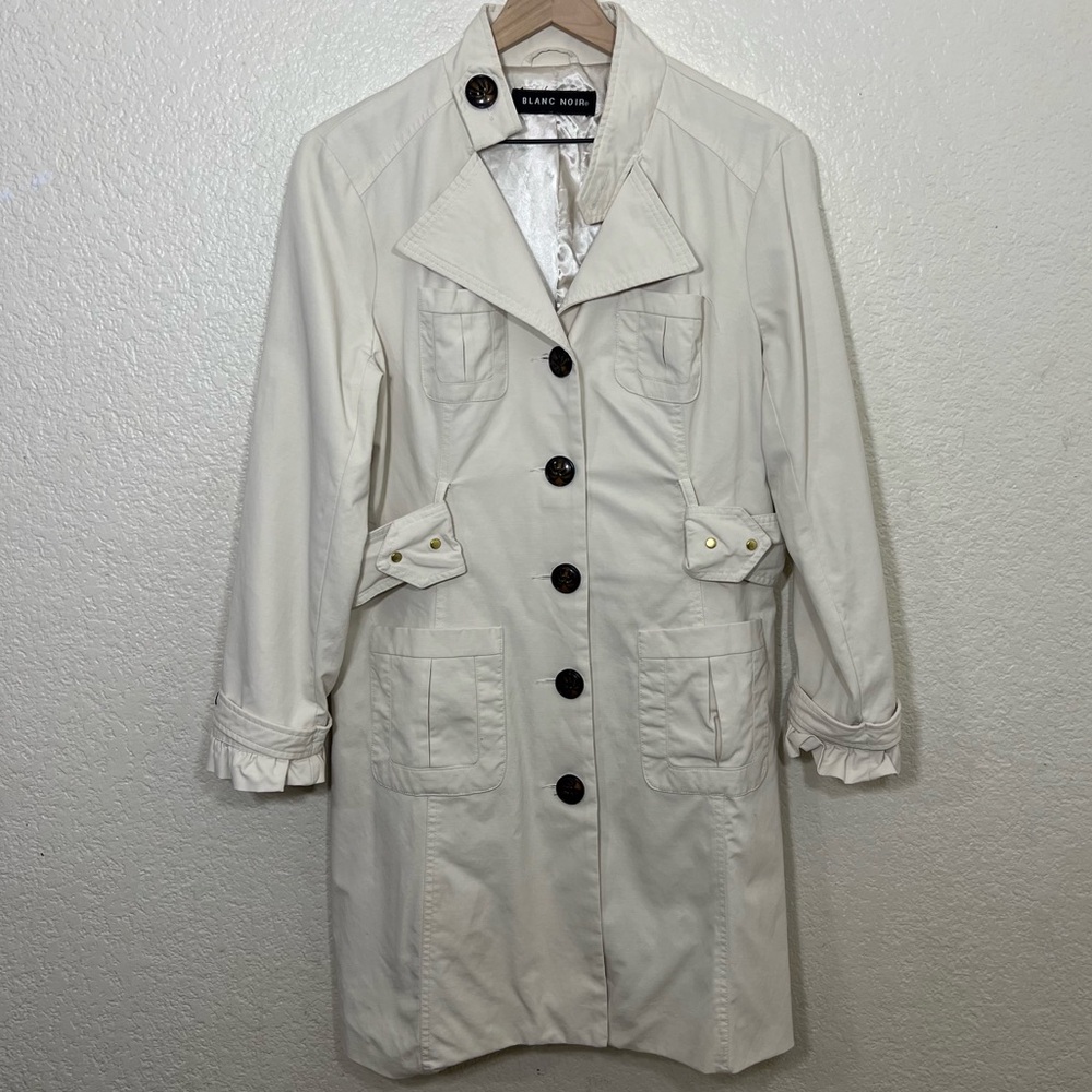 Blanc Noir Ivory Cream Trench Coat Ruffle Sleeve Size L